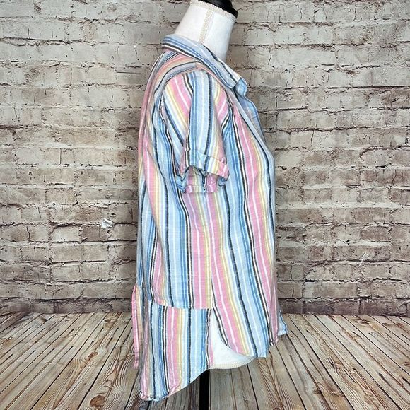 Harper Heritage Multi Striped Button Front Top Pink Blue Cotton Size Small - Picture 2 of 5